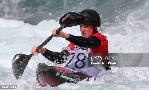 Zak Prince of Holme Pierrepont CC J18 competes in 2nd Run Kayak Men during the British Canoeing 2017 British Open Slalom Championships at Lee Valley...