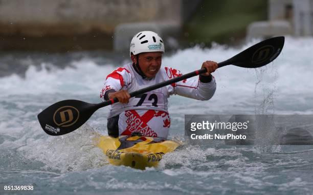 Sean Waine of Green Srar CC / Hydrasports J16 competes in 2nd Run Kayak Men during the British Canoeing 2017 British Open Slalom Championships at Lee...