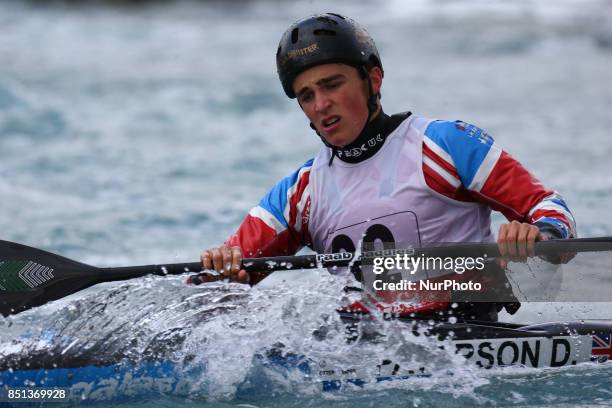 David Patterson of Manchester CC / Manchester CC J18 competes in 2nd Run Kayak Men during the British Canoeing 2017 British Open Slalom Championships...