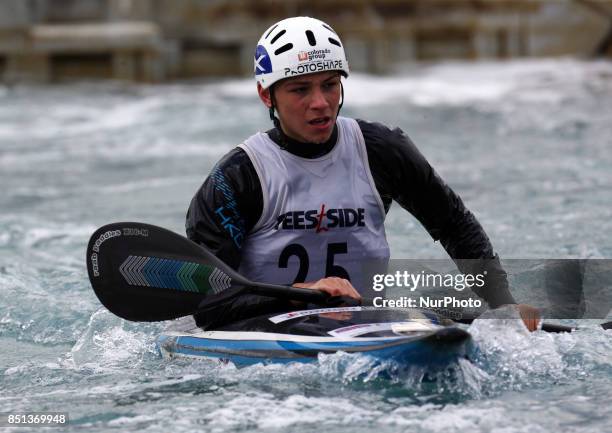 Jonny Dickson of CR Cats / Jem Racing J16 competes in 2nd Run Kayak Men during the British Canoeing 2017 British Open Slalom Championships at Lee...