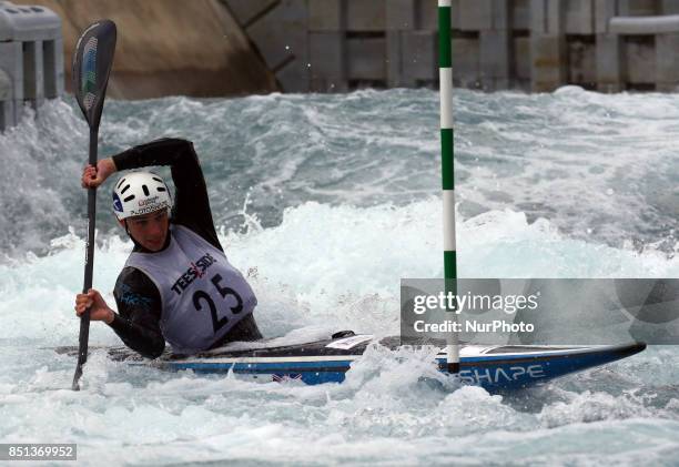 Jonny Dickson of CR Cats / Jem Racing J16 competes in 2nd Run Kayak Men during the British Canoeing 2017 British Open Slalom Championships at Lee...