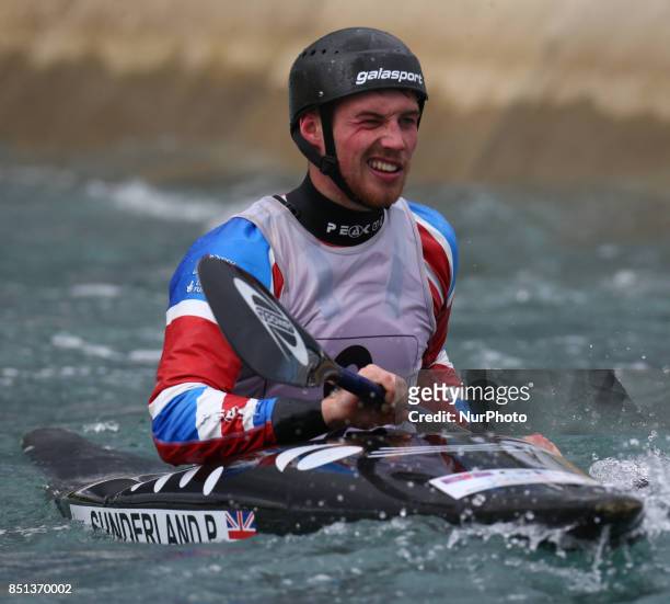 Paul Sunderland of Stafford and Stone CC U23 competes in 2nd Run Kayak Men during the British Canoeing 2017 British Open Slalom Championships at Lee...
