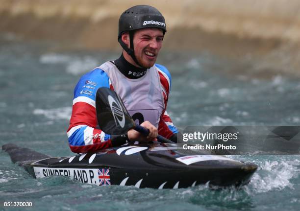 Paul Sunderland of Stafford and Stone CC U23 competes in 2nd Run Kayak Men during the British Canoeing 2017 British Open Slalom Championships at Lee...