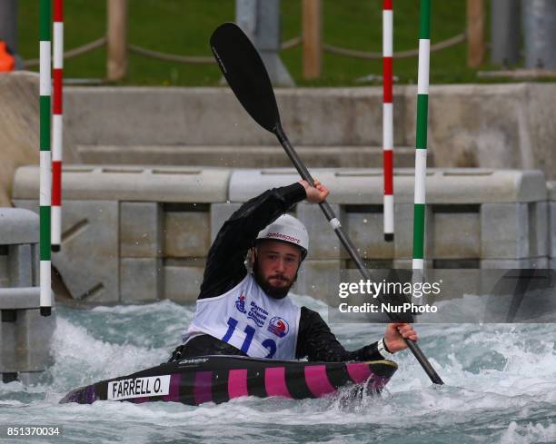 Oisin Farrell of Ireland competes in 2nd Run Kayak Men during the British Canoeing 2017 British Open Slalom Championships at Lee Valley White Water...