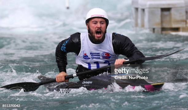 Oisin Farrell of Ireland competes in 2nd Run Kayak Men during the British Canoeing 2017 British Open Slalom Championships at Lee Valley White Water...