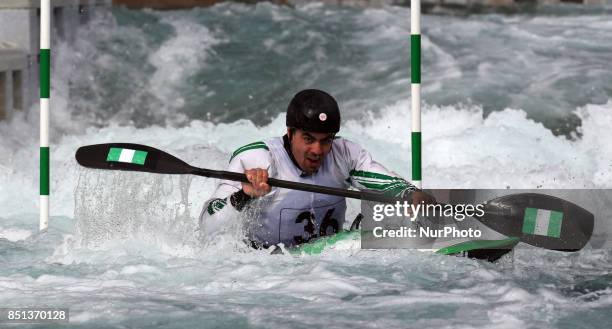 Johnathan Akinyemi of Nigeria Cool Blue Canoes competes in 2nd Run Kayak Men during the British Canoeing 2017 British Open Slalom Championships at...