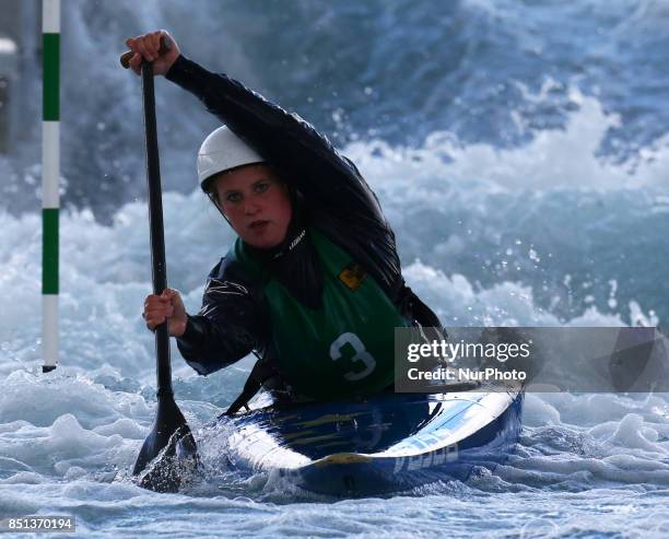 Zachary Allin of Tees Tigers U23 competes in 2nd Run Kayak Men during the British Canoeing 2017 British Open Slalom Championships at Lee Valley White...