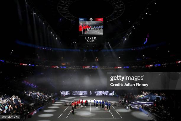 Players from Team Europe and Team World are greeted by Rod Laver as they enter the arena on the first day of the Laver Cup on September 22, 2017 in...