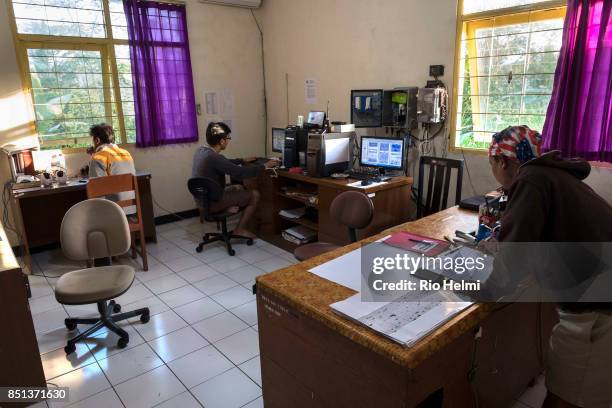 Geologists at work at the MT Agung monitoring station in Rendang, Bali. They have upped the warning to a level 3 "yellow" alert since the 18th of...