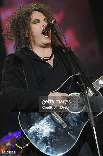 Robert Smith of The Cure performs during the NME Awards Big Gig at the O2 Arena on February 26, 2009 in London, England.