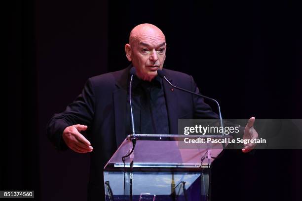 Jean Nouvel Architect of Louvre Abu Dhabi, delivers a speech during the press presentation of "Louvre Abu Dhabi" at Musee du Louvre on September 22,...