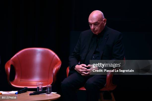 Jean Nouvel Architect of Louvre Abu Dhabi, is seen on stage during the press presentation of "Louvre Abu Dhabi" at Musee du Louvre on September 22,...