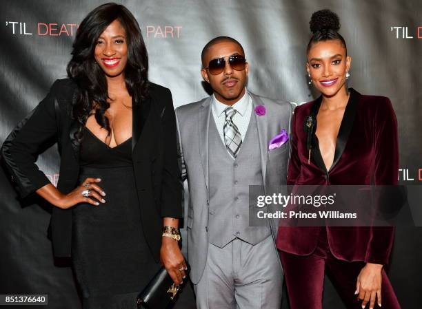 Shondrella Avery, Marques Houston and Annie IIonzeh attend "Til Death Do Us Part" Atlanta screening at Regal Atlantic Station on September 21, 2017...