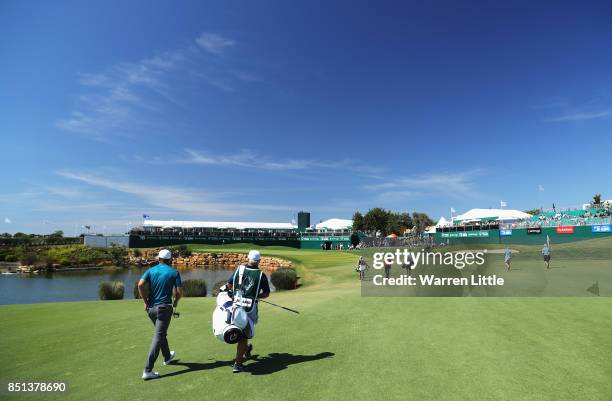 Lucas Bjerregaard of Denmark walks to the 18th green during day two of the Portugal Masters at Dom Pedro Victoria Golf Club on September 22, 2017 in...