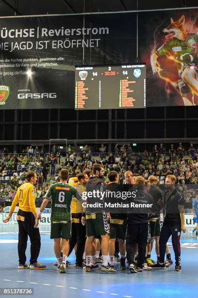 Team circle of Fuechse Berlin during the game between Fuechse Berlin and TVB 1898 Stuttgart on september 21, 2017 in Berlin, Germany.