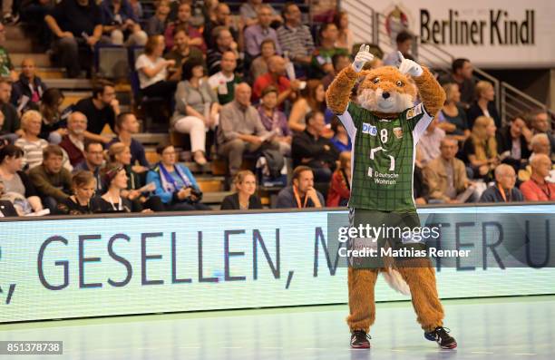 Mascot Fuchsi of Fuechse Berlin during the game between Fuechse Berlin and TVB 1898 Stuttgart on september 21, 2017 in Berlin, Germany.
