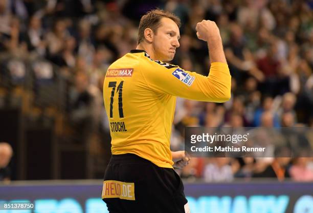 Petr Stochl of Fuechse Berlin celebrates during the game between Fuechse Berlin and TVB 1898 Stuttgart on september 21, 2017 in Berlin, Germany.