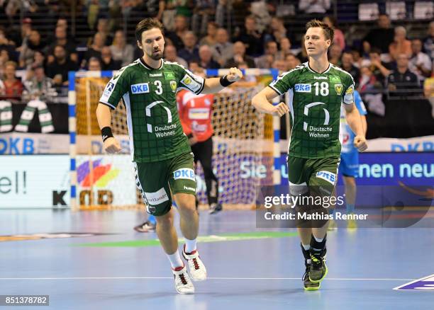 Fabian Wiede and Hans Lindberg of Fuechse Berlin celebrate the goal during the game between Fuechse Berlin and TVB 1898 Stuttgart on september 21,...