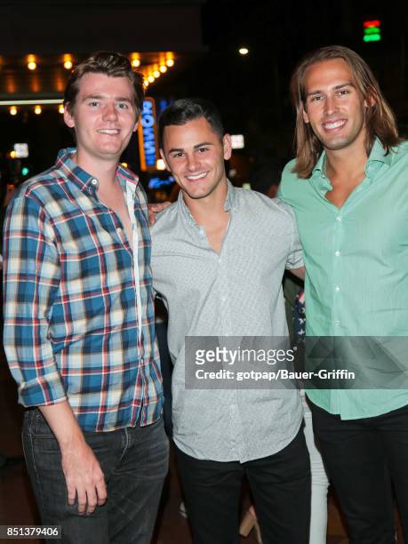 Spencer Davis, Theo Dewez and Joey McCarthy are seen outside Big Brother 19 Wrap Party at Clifton's on September 21, 2017 in Los Angeles, California.