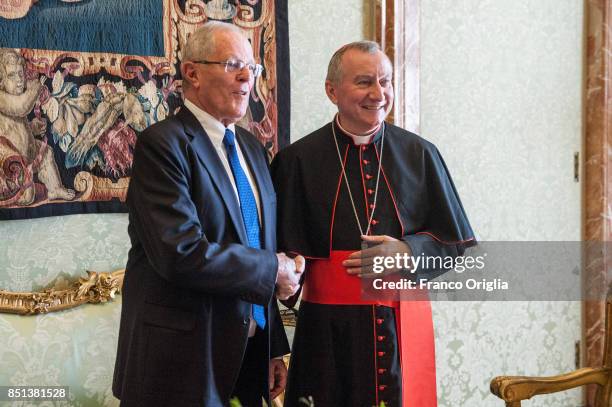 Vatican Secretary of State cardinal Pietro Parolin meets President of Peru Pedro Pablo Kuczynski during an audience at the Apostolic Palace on...