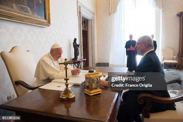 Pope Francis meets President of Peru Pedro Pablo Kuczynski during an audience at the Apostolic Palace on September 22, 2017 in Vatican City, Vatican....