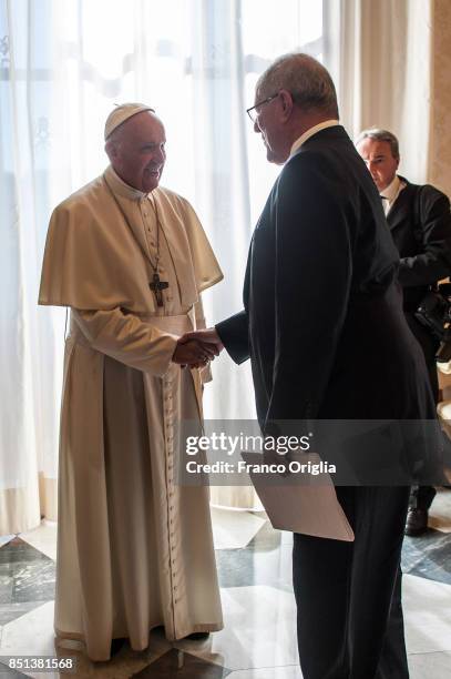 Pope Francis meets President of Peru Pedro Pablo Kuczynski during an audience at the Apostolic Palace on September 22, 2017 in Vatican City, Vatican....
