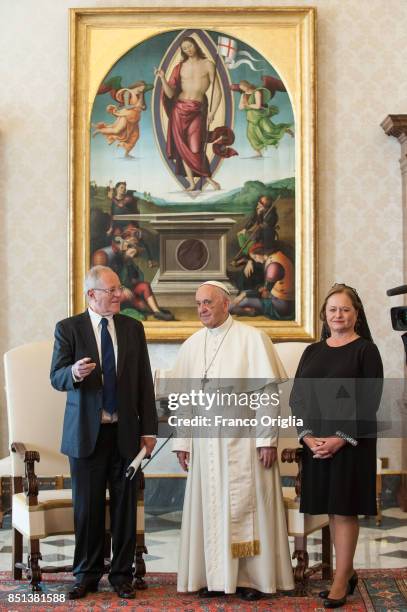 Pope Francis meets President of Peru Pedro Pablo Kuczynski and his wife Nacy Kuczynski during an audience at the Apostolic Palace on September 22,...