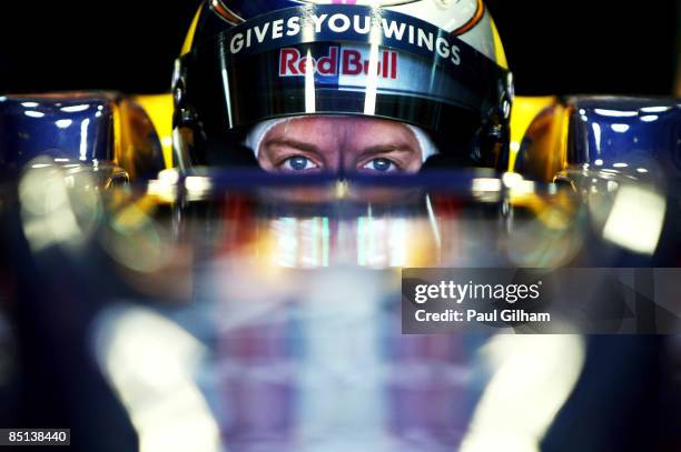 Sebastian Vettel of Germany and Red Bull Racing looks on from his cockpit during Formula One winter testing at the Ricardo Tormo circuit on February...