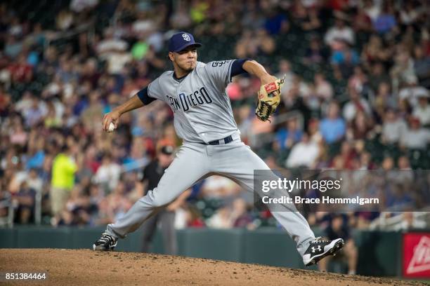 Dinelson Lamet of the San Diego Padres pitches against the Minnesota Twins on September 13, 2017 at Target Field in Minneapolis, Minnesota. The Twins...