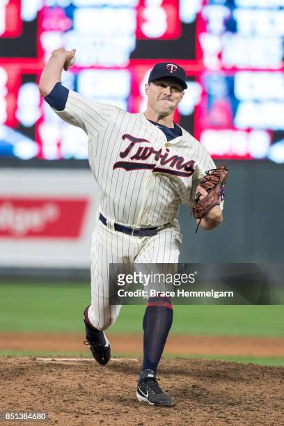 Matt Belisle of the Minnesota Twins pitches against the San Diego Padres on September 13, 2017 at Target Field in Minneapolis, Minnesota. The Twins...