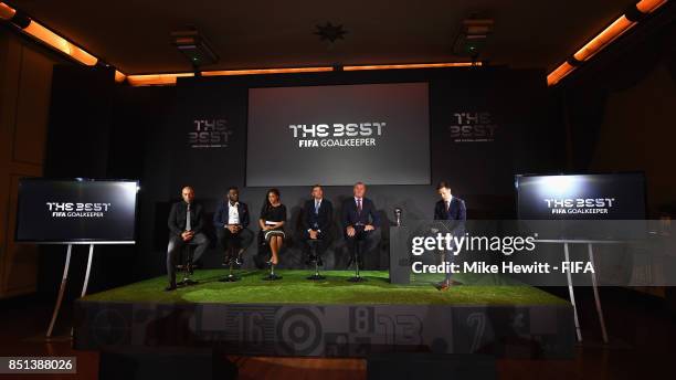 Legends Roberto Di Matteo, Jay Jay Okocha, Alex Scott, Andriy Shevchenko and Peter Shilton attend The Best FIFA Football Awards 2017 press conference...