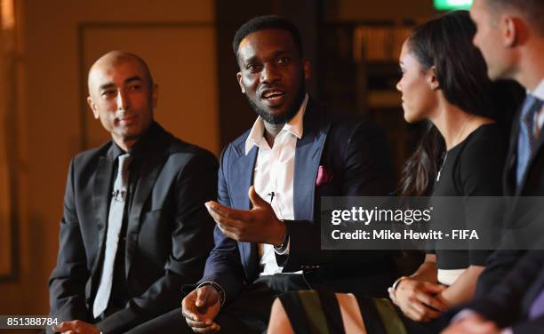 Legends Roberto Di Matteo and Jay Jay Okocha talk during The Best FIFA Football Awards 2017 press conference at The Bloomsbury Ballroom on September...