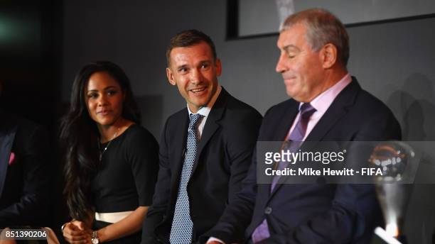 Legend Andriy Shevchenko talks with Alex Scott and Peter Shilton during The Best FIFA Football Awards 2017 press conference at The Bloomsbury...