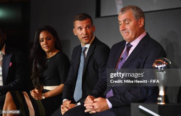 Legend Andriy Shevchenko talks with Alex Scott and Peter Shilton during The Best FIFA Football Awards 2017 press conference at The Bloomsbury...