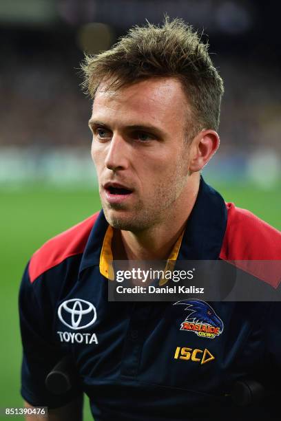 Brodie Smith of the Crows walks from the field after the First AFL Preliminary Final match between the Adelaide Crows and the Geelong Cats at...