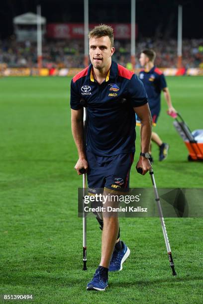 Brodie Smith of the Crows walks from the field after the First AFL Preliminary Final match between the Adelaide Crows and the Geelong Cats at...