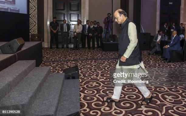 Arun Jaitley, India's finance minister, walks to the stage during the Bloomberg India Economic Forum in Mumbai, India, on Friday, Sept. 22, 2017....