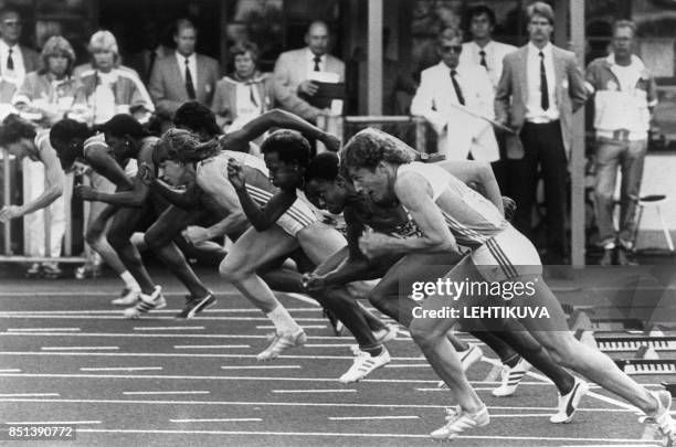 Marlies Goehr takes off 08 August 1983 in the 100m race at the inaugural Athletics World Championships in Helsinki. Goehr won the gold medal from...