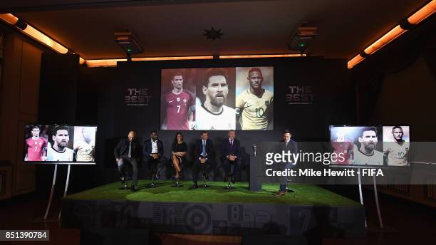 Legends Roberto Di Matteo, Jay Jay Okocha, Alex Scott, Andriy Shevchenko and Peter Shilton attend The Best FIFA Football Awards 2017 press conference...