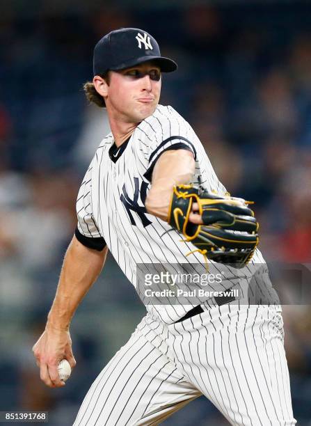 Bryan Mitchell of the New York Yankees pitches in an MLB baseball game against the Baltimore Orioles on September 14, 2017 at Yankee Stadium in the...