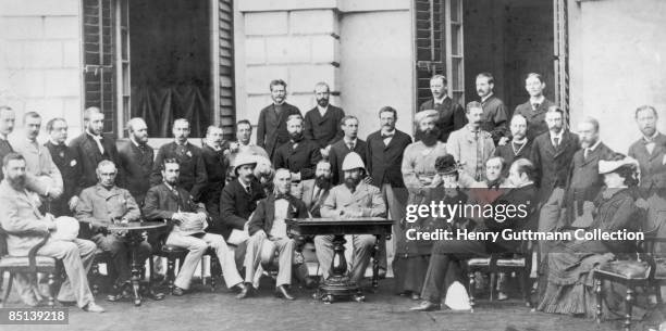 Edward, Prince of Wales outside Government House, Calcutta, during an eight-month official trip to India, 1875-76. In the first row on either side of...