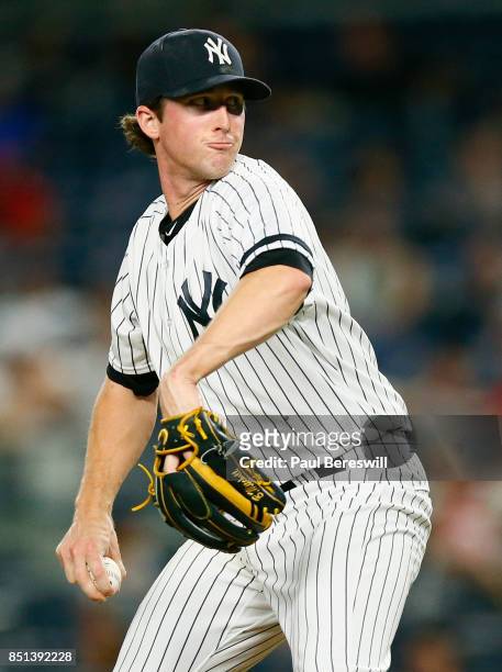 Bryan Mitchell of the New York Yankees pitches in an MLB baseball game against the Baltimore Orioles on September 14, 2017 at Yankee Stadium in the...