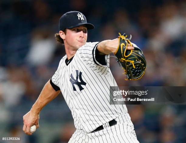 Bryan Mitchell of the New York Yankees pitches in an MLB baseball game against the Baltimore Orioles on September 14, 2017 at Yankee Stadium in the...