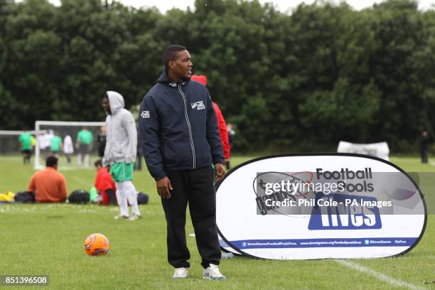 Leeds United's Dominic Poleon coaches during the StreetGames Football Pools Fives regional finals during the StreetGames Football Pools Fives at...
