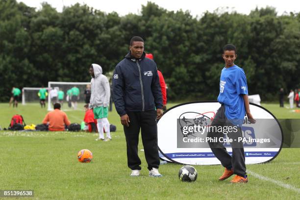 Leeds United's Dominic Poleon coaches during the StreetGames Football Pools Fives regional finals during the StreetGames Football Pools Fives at...