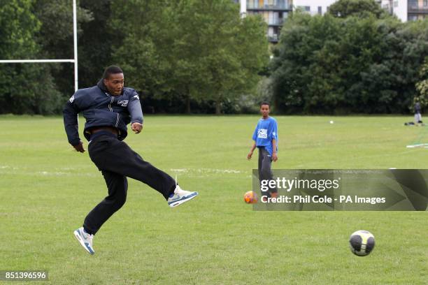 Leeds United's Dominic Poleon has a shot during his coaching session, at the StreetGames Football Pools Fives at Hackney Marshes, London.
