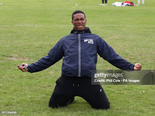 Leeds United's Dominic Poleon celebrates after scoring during his coaching session, at the StreetGames Football Pools Fives at Hackney Marshes,...