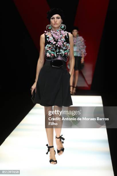 Model walks the runway at the Giorgio Armani show during Milan Fashion Week Spring/Summer 2018 on September 22, 2017 in Milan, Italy.