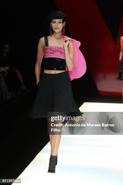 Model walks the runway at the Giorgio Armani show during Milan Fashion Week Spring/Summer 2018 on September 22, 2017 in Milan, Italy.