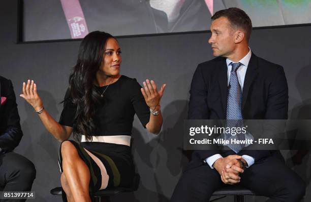 Legend Alex Scott and Andriy Shevchenko talk during The Best FIFA Football Awards 2017 press conference at The Bloomsbury Ballroom on September 22,...